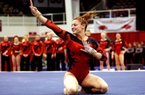 Arkansas Democrat-Gazette/JASON IVESTER --01/14/11--
UA vs Alabama gymnastics
Arkansas' Jaime Pisani competes on the floor against Alabama on Friday, Jan. 14, 2011, inside Barnhill Arena in Fayetteville.