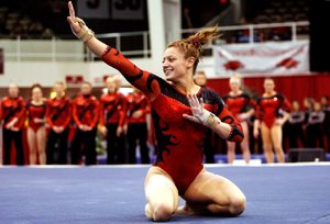 Arkansas Democrat-Gazette/JASON IVESTER --01/14/11--
UA vs Alabama gymnastics
Arkansas' Jaime Pisani competes on the floor against Alabama on Friday, Jan. 14, 2011, inside Barnhill Arena in Fayetteville.