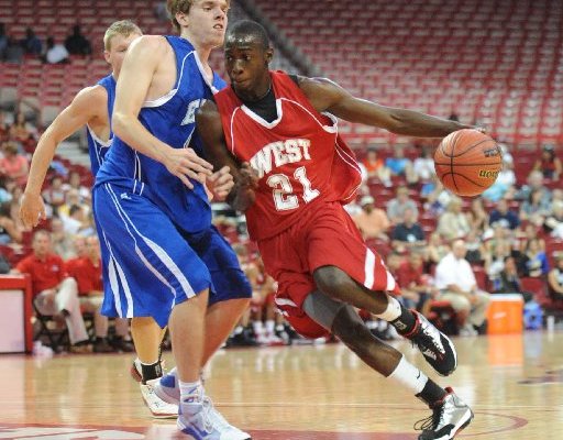 Fred Gulley drives to the basket during the 2009 AHSCA All-Star Game at Bud Walton Arena in Fayetteville. Gulley, who left Oklahoma State last month, has enrolled at Arkansas and hopes to join the Razorbacks' basketball team. 