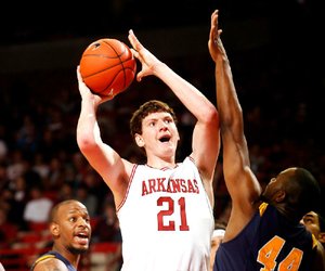 Arkansas freshman Hunter Mickelson, known for his defense, is starting to show his offensive skills as well, scoring 11 points in Saturday’s game.