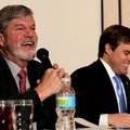 Sen. Bill Pritchard of Elkins, left, and Rep. Jon Woods of Springdale meet for a debate Wednesday at...
