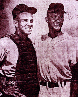Elmer “B” Lindsey is joined in this 1960 photograph by future St. Louis catcher Tim McCarver (left) as the two were getting ready for the Memphis Chicks’ season opener. Lindsey, who chose baseball over football, also played with Cardinals player and broadcaster Mike Shannon at Tulsa. 