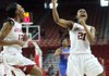 Arkansas Democrat-Gazette/WILLIAM MOORE -- Arkansas' Ashley Daniels (12) and Dominique Robinson (21) celebrate a turnover by Florida late in regulation Sunday, January 29, 2012 at Bud Walton Arena in Fayetteville.