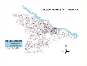 Little Rock Police Department's map listing permits in the city for on-premise and off-premise consumption of alcohol.