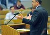 Clark Neily, an attorney and leader of the Institute for Justice’s school choice team, speaks Tuesday during a discussion in the E.J. Ball Courtroom at the University of Arkansas at Fayetteville. 