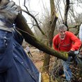 TRAIL CLEANUP — Stewart Smith, left, Odell Taylor and Hank Breshears remove a tree limb from a natur...