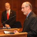 Fayetteville Mayor Lioneld Jordan, right, speaks alongside Fort Smith Mayor Sandy Sanders on Wednesd...