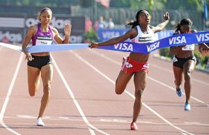 Veronica Campbell-Brown (center) could have a bit of an advantage when she and Allyson Felix (left) run in the women’s 60 meters Saturday. Campbell-Brown won an NCAA title while at Arkansas.