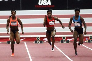 Tianna Madison (right) took over a showdown between Veronica Campbell-Brown (left) and Allyson Felix in the 60 meters at the USATF Classic in Fayetteville on Saturday, winning in 7.02 seconds. Campbell-Brown was second, Murielle Ahoure (center) was third and Felix was fourth.