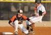Bentonville’s Ryan Harralston, right, is safe at second base just ahead of Gravette’s Stefen Smith’s catch at Tiger Athletic Complex earlier this season. Harralston has helped the Tigers climb to the top of the 7A-West Conference standings with just two games left to play.