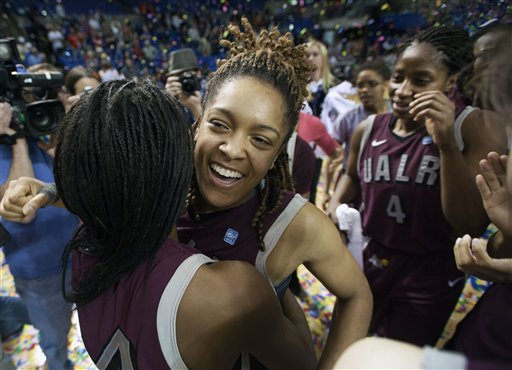 arkansas-little-rocks-taylor-ford-center-hugs-teammate-taylor-gault-left-as-teammate-kiera-clark-4-wipes-her-eye-after-the-team-defeated-middle-tennessee-71-70-in-overtime-in-the-sun-belt-conference-tournament-final-at-summit-arena-in-march-the-conference-announces-tuesday-that-the-tournament-will-be-moving-from-hot-springs-to-lakefront-arena-in-new-orleans-beginning-in-2013