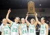 Kaylea Shadrick, from left, Holland Craise, Cambre Ricker, Ashley Hipps and Caitlyn Johnson of Greenland High School show off the 3A Girls State Championship trophy Saturday at Summit Arena in Hot Springs after the Lady Pirates of Greenland defeated the Lady Tigers of Green Forest, 43-35 in overtime.