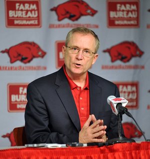 University of Arkansas Athletic Director Jeff Long addresses the media during a press conference Thursday evening to answer questions about Bobby Petrino's motorcycle accident over the weekend.