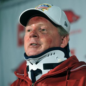  University of Arkansas coach Bobby Petrino speaks to the media during a press conference before practice as he answers questions about his motorcycle accident over the weekend.