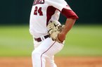 Arkansas Democrat-Gazette/WILLIAM MOORE
Arkansas starting pitcher DJ Baxendale delivers against Georgia Sunday, April 8, 2012 at Baum Stadium in Fayetteville.