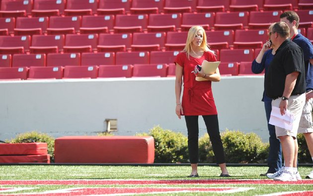 eight-months-after-resigning-her-position-on-the-arkansas-football-staff-jessica-dorrell-has-landed-a-new-job-after-moving-to-south-carolina-she-is-shown-here-at-reynolds-razorback-stadium-in-march