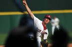 Arkansas Democrat-Gazette/MICHAEL WOODS -- 05/01/2012 -- University of Arkansas pitcher Nolan Sanburn fires a pitch in the first inning of Tuesday evening's game against Missouri at Baum Stadium in Fayetteville.