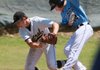 Matthew Garrison, Springdale Har-Ber, is tagged out as he runs into Joey Abraham, Little Rock Central, after he fielded a grounder between second and third base during their 7A Baseball State Tournament game in North Little Rock. Har-Ber won 2-1. 