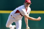 Arkansas Democrat-Gazette/MICHAEL WOODS  --03/09/2012--   University of Arkansas pitcher Ryne Stanek fires a pitch in the third inning of a game at Baum Stadium in Fayetteville.