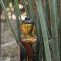 Buddha stands among bamboo stalks to welcome visitors to Hamsa and Moshe Newmark’s backyard garden.