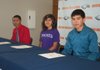 Jovane Salinas, from left, Audrey Rodriguez and Alberto Pinto, Rogers Heritage soccer players, each signed college letters of intent during Monday’s ceremony at the school. Salinas signed with Williams Baptist, while Rodriguez chose Ouachita Baptist and Pinto picked Central Baptist.