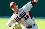 Arkansas starting pitcher Randall Fant throws from the mound against Baylor in the first inning of an NCAA college baseball tournament super regional game, Monday, June 11, 2012, in Waco, Texas. (AP Photo/Waco Tribune Herald, Jerry Larson)