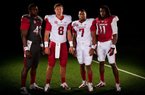 
The University of Arkansas on Wednesday released images of its new football uniforms.

Arkansas Razorbacks, left to right, Tenarius Wright, Tyler Wilson, Knile Davis and Cobi Hamilton model the university's new football uniforms, which were unveiled Wednesday, June 13....Courtesy University of Arkansas