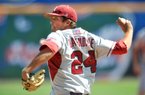 Arkansas starting pitcher DJ Baxendale bounced back after his super regional loss by getting the victory against Kent State at the College World Series. 