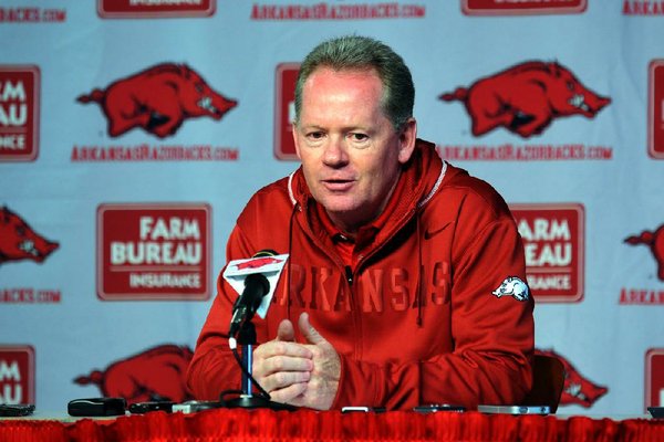 Arkansas Democrat-Gazette/MICHAEL WOODS  --03/13/2012--  University of Arkansas coach Bobby Petrino talks to reporters about the forthcoming spring practice during a news conference Tuesday afternoon at the University of Arkansas.