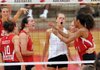 West All-Stars, from left, Emily Morgan of Benton, Jordan Smith of Hot Springs Lakeside, Rebecca Brown of Bentonville, Kelsey Parks of Bentonville, Makenzie Sharp of Siloam Springs, celebrate a point teammate Summer Morgan, right, of Springdale Har-Ber scored against East All-Stars Tuesday at Barnhill Arena in Fayetteville.