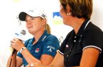 Stacy Lewis (left) and University of Arkansas head coach Shauna Estes-Taylor speak during a news conference at Pinnacle Country Club in Rogers during the pro-am on Wednesday, June 27, 2012, as part of the Wal-Mart NW Arkansas Championship.