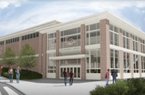 An artist's rendering shows a proposed academic center and dining hall for athletes on the University of Arkansas campus. 