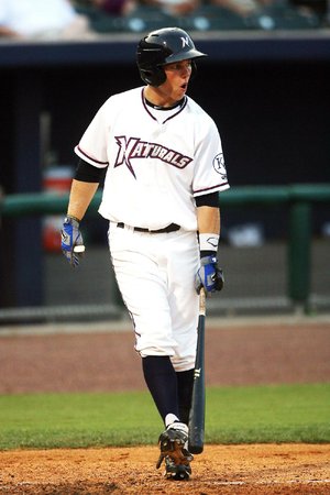Arkansas Democrat-Gazette/WILLIAM MOORE
Naturals' Brian Fletcher knocks dirt off his cleats while at bat against Corpus Christi Friday, July 6, 2012 at Arvest Ballpark in Springdale.