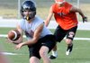 Dalton Faulk of Prairie Grove grabs a pass in an NWA Passing League 7-on-7 game against Gravette at Tiger Stadium in Bentonville on Monday.