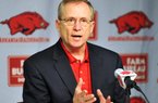 University of Arkansas Athletic Director Jeff Long addresses the media during a press conference Thursday evening to answer questions about his motorcycle accident over the weekend.