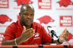 Arkansas Democrat-Gazette/JASON IVESTER --07/30/12-- Head coach Mike Anderson speaks to members of the media before men's basketball practice inside Bud Walton Arena in Fayetteville on Monday, July 30, 2012.