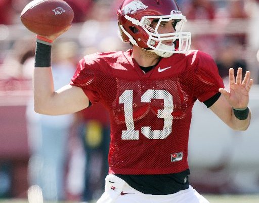 Arkansas Democrat-Gazette/WILLIAM MOORE -- Arkansas' Brandon Allen throws a touchdown during the annual Red-White game Saturday, April 21, 2012 at Razorback Stadium in Fayetteville. 