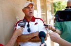 Arkansas Democrat-Gazette/JASON IVESTER --07/13/12--
University of Arkansas football assistant coach Steve Caldwell speaks to members of the media at the Razorback Club Golf Tournament in Bella Vista on Friday, July 13, 2012.