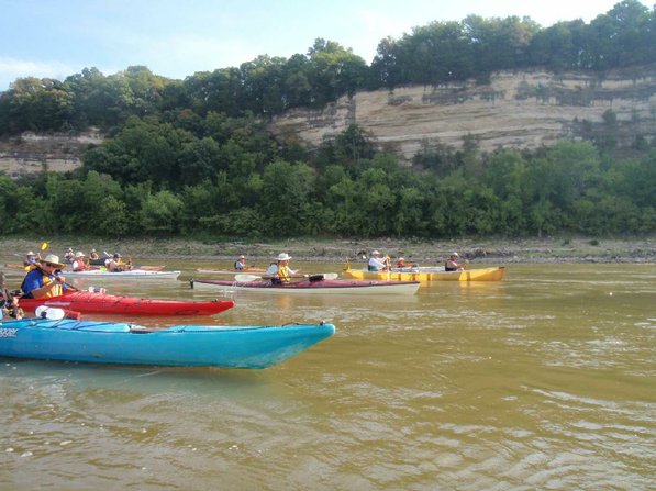 
                           Paddlers travel beside bluffs on the Missouri River.         