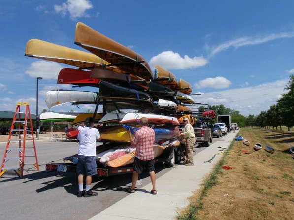 
                           A huge trailer provided by the Wenonah canoe and Current Designs kayak company transported the rumblers' boats from the take-out near Alton, Ill., to the start of the trip at Jefferson City, Mo.