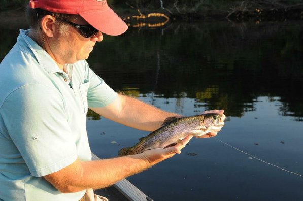 Lilley admires a rainbow trout that bit a midge.