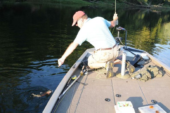 Lilley brings a rainbow trout to hand.