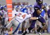 STAFF PHOTO MARC F. HENNING -- Fayetteville receiver Jordan Dennis, right, breaks around Memphis University School defensive back Matt Bolton during the Purple Dogs' game Thurdsay, Aug. 30, 2012, against the Owls in the Hootens.com Kickoff at Reynolds Razorback Stadium in Fayetteville.