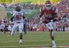 STAFF PHOTO MICHAEL WOODS --09/01/2012-- Arkansas tight end Chris Gragg makes a touchdown catch past Jacksonville State defender Rashad Smith in the second quarter of Saturday's game at Razorback Stadium in Fayetteville.