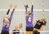 Kim Huff, right, Har-Ber sophomore, has her shot blocked Thursday by Fayetteville senior Aubrey Edie, center, as junior Cassidy Ginger also reaches to defend at Fayetteville High. 