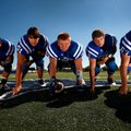 The Rogers High offensive line, Edwin Santos, from left, Austin Hughes, Bryce Bray, Drew King and Gr...