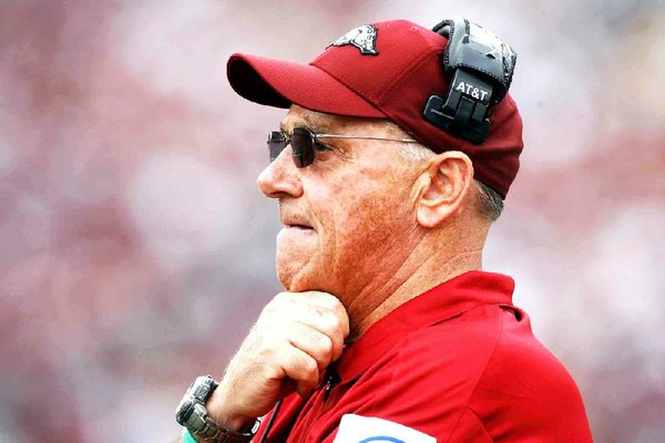 Arkansas head coach John L. Smith watches from the sideline during the fourth quarter against Texas A&M on Saturday, Sept. 29, 2012, at Kyle Field in College Station, Texas.