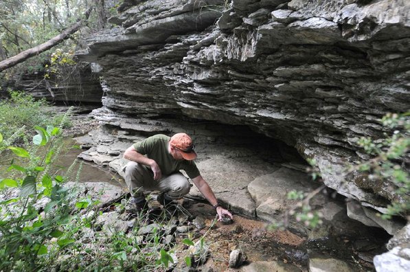 
                           Mike Slay with The Nature Conservancy explores an area where a spring flows from a low bluff on the Devil's Eyebrow property in northeast Benton County.