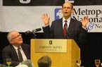 Talk-show host Paul Finebaum of Birmingham, Ala., speaks to the Little Rock Touchdown Club on Monday in Little Rock. Finebaum says the right coach can rejuvenate Arkansas’ football program. 