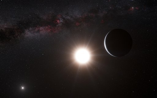 this-artists-impression-made-available-by-the-european-southern-observatory-on-tuesday-oct-16-2012-shows-a-planet-right-orbiting-the-star-alpha-centauri-b-center-a-member-of-the-triple-star-system-that-is-the-closest-to-earth-alpha-centauri-a-is-at-left-the-earths-sun-is-visible-at-upper-right-searching-across-the-galaxy-for-interesting-alien-worlds-scientists-made-a-surprising-discovery-a-planet-remarkably-similar-to-earth-in-a-solar-system-right-next-door-other-earth-like-planets-have-been-found-before-but-this-one-is-far-closer-than-previous-discoveries-unfortunately-the-planet-is-way-too-hot-for-life-and-its-still-25-trillion-miles-away